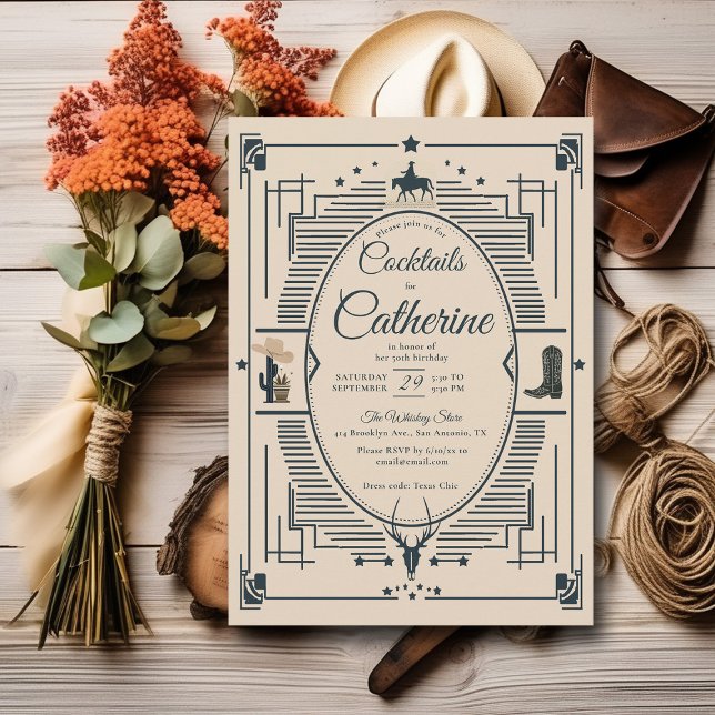 Invitation Country Chic Frame Cocktails Party 50e anniversair (country western rustic elegant 50th birthday invitation cocktail party desert tan modern classy)