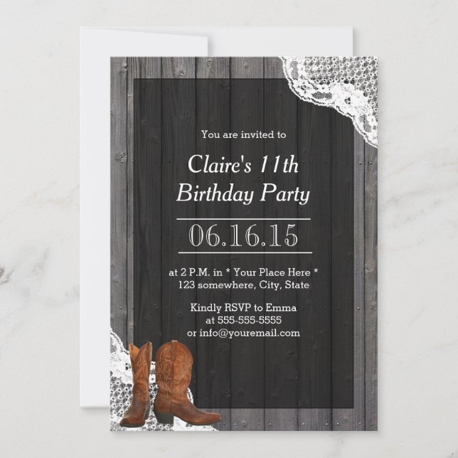 Invitation Country Cowboy Boots dentelle et bois fête d'anniv (Devant)
