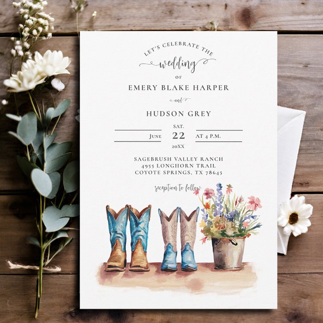 Invitation Country Cowboy Boots Fleur sauvage Russe Mariage (country wedding invitation rustic western barn chic modern watercolor cowboy boots wildflowers)