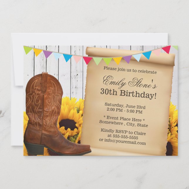 Invitation Country Cowgirl & Sunflowers Bois fête d'anniversa (Devant)