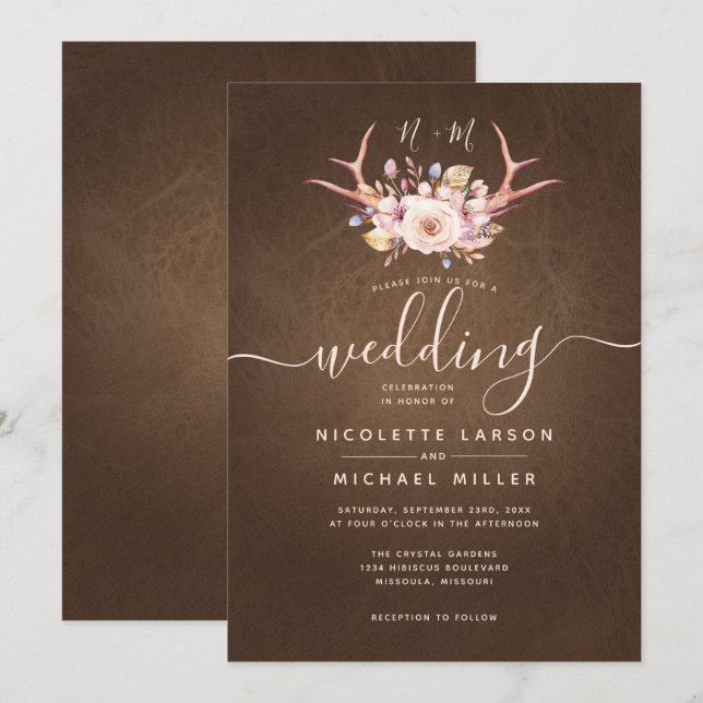 Invitation Country Floral et Antler Mariage en cuir (Devant / Derrière)