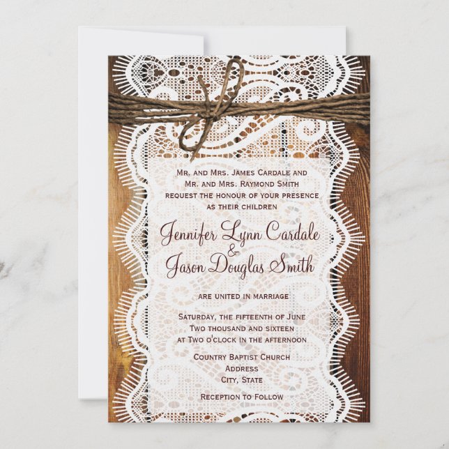 Invitation Country Grange Dentelle en bois Twine Mariage Invi (Devant)