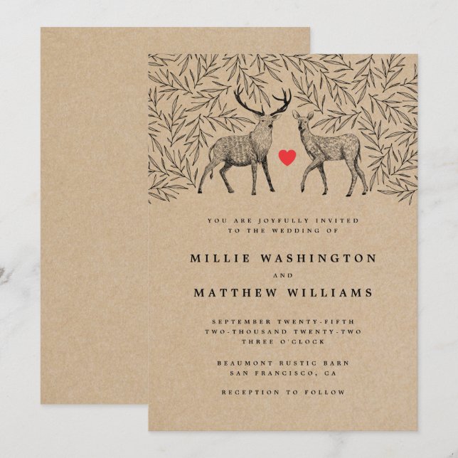 Invitation Country Kraft Woodland Buck Doe Mariage botanique (Devant / Derrière)