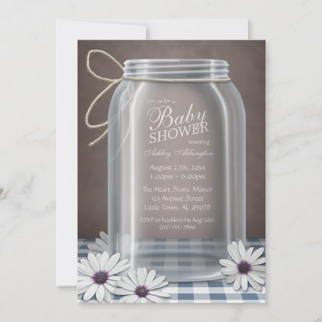 Invitation Country Mason Jar Blue En vichy Baby shower (Devant)