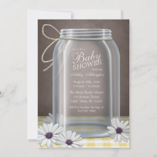 Invitation Country Mason Jar Jar Baby shower jaune En vichy