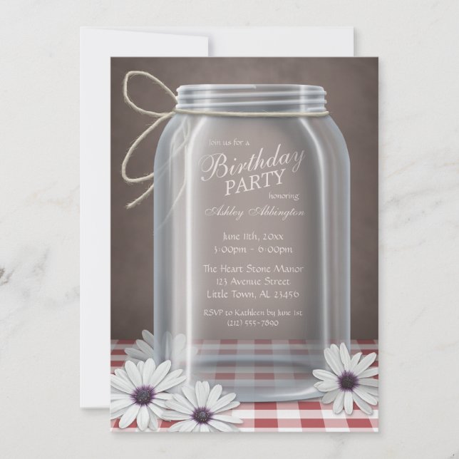 Invitation Country Mason Jar Rouge En vichy fête d'anniversai (Devant)