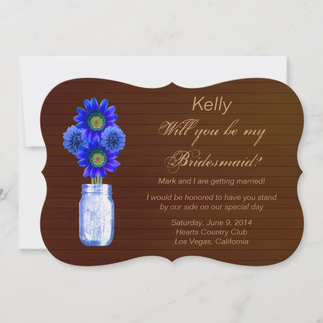Invitation Country Rustic Blue Mason Jar Bridesmaid Card (Devant)