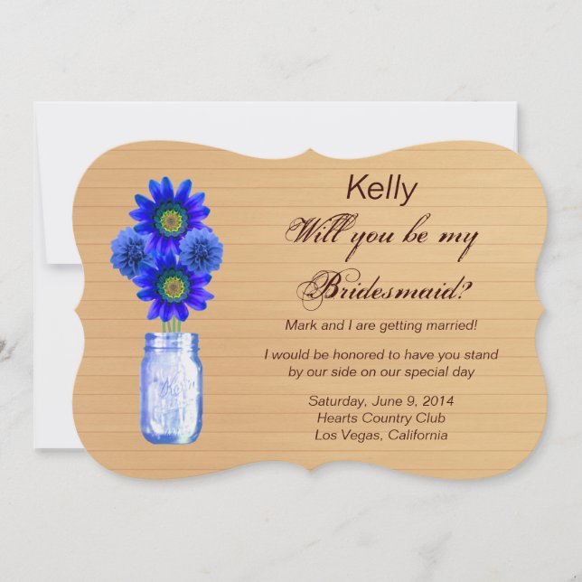 Invitation Country Rustic Blue Mason Jar Bridesmaid Card (Devant)