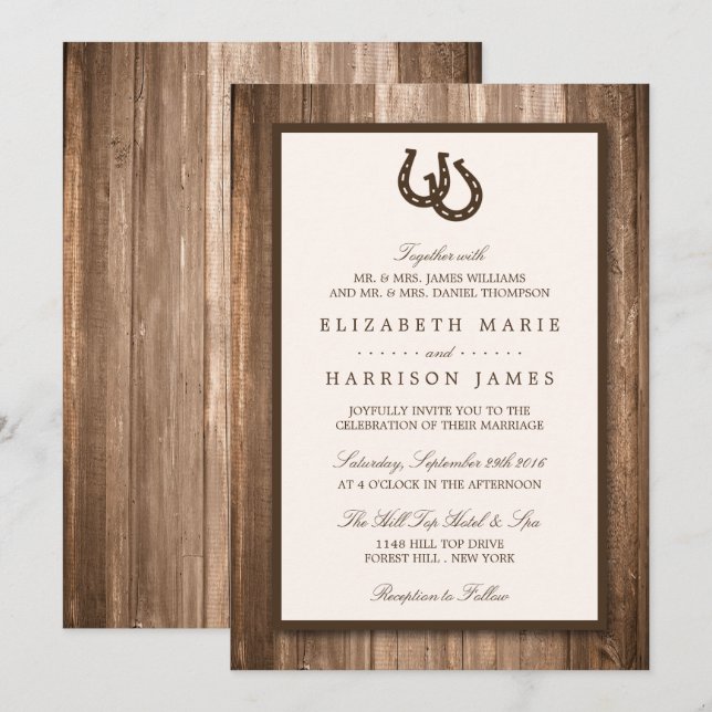 Invitation Country Rustic Horseshoe & Brown Wood Mariage (Devant / Derrière)