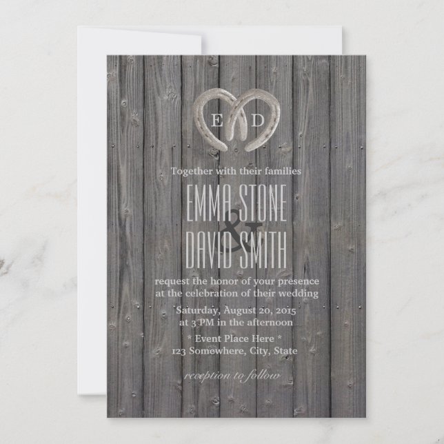 Invitation Country Rustic Horseshoe Heart Barn Wood Mariage (Devant)