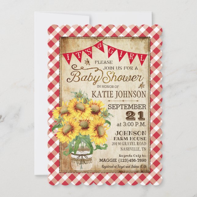 Invitation Country Sunflower En vichy Check Girl Baby shower (Devant)