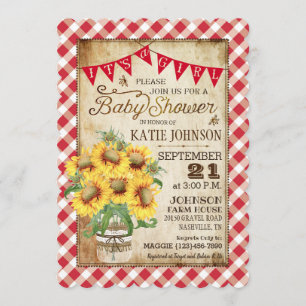 Invitation Country Sunflower En vichy Check Girl Baby shower