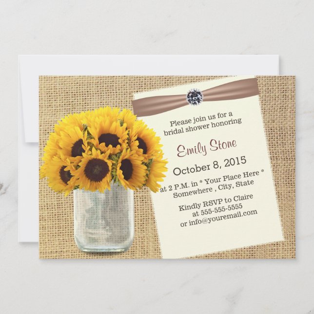 Invitation Country Sunflower & Mason Jar Burlap Fête des mari (Devant)