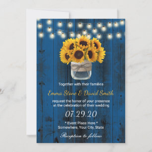 Invitation Country Sunflowers Jar Marine Blue Barne Mariage