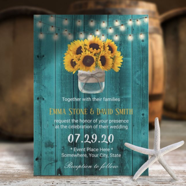 Invitation Country Sunflowers Jar Rustic Turquoise Barne Mari (Créateur téléchargé)