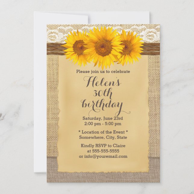 Invitation Country Sunflowers Laced Burlap fête d'anniversair (Devant)