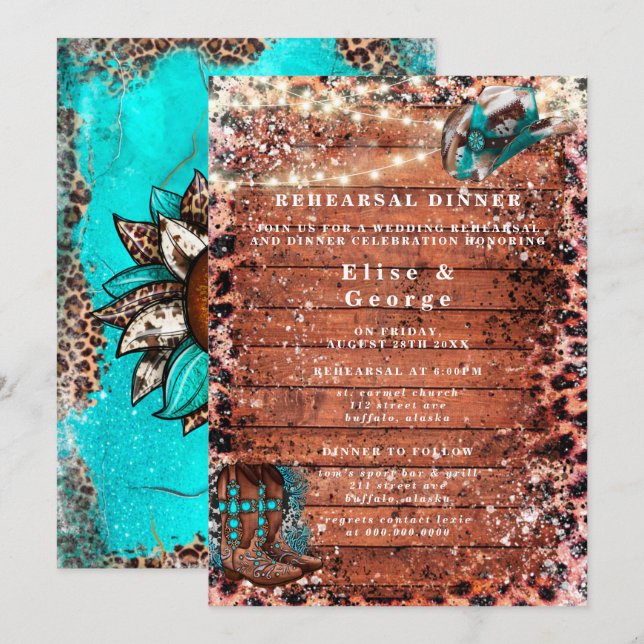 Invitation Country Turquoise Cowboy Boots Dîner de répétition (Devant / Derrière)