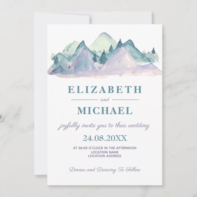Invitation Country Watercolor Blue Mountain Photo Mariage (Devant)