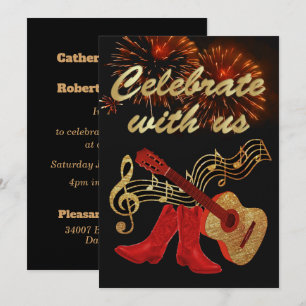 Invitation Country Western Music Guitare Et Bottes Red Cowboy