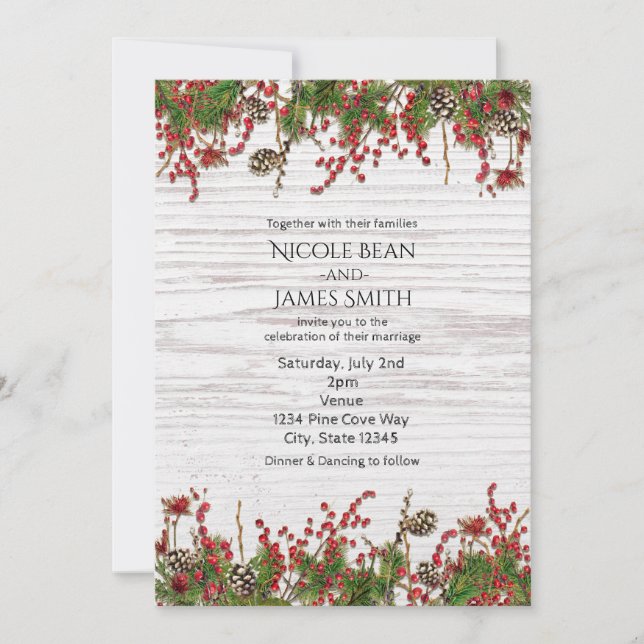 Invitation Country Winter Holiday Berries & Pine Cone Mariage (Devant)