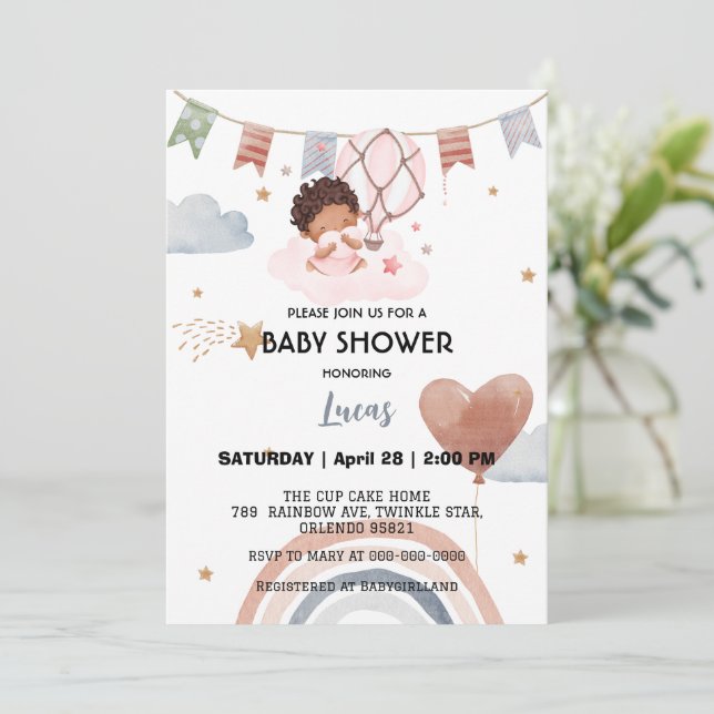 Invitation Coupe afro arc-en-ciel étoile ballon baby shower (Debout devant)