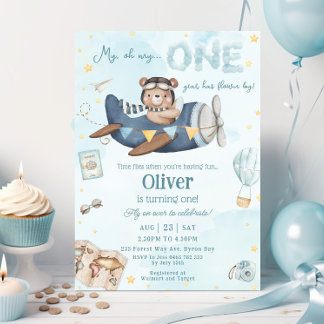 Invitation Coupe Bear Blue Plane Time Vol Un 1er anniversaire