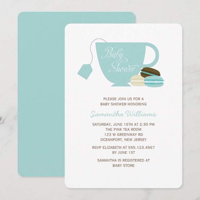 Invitation Coupe Blue Tea Cup et Baby shower Macarons (Devant / Derrière)