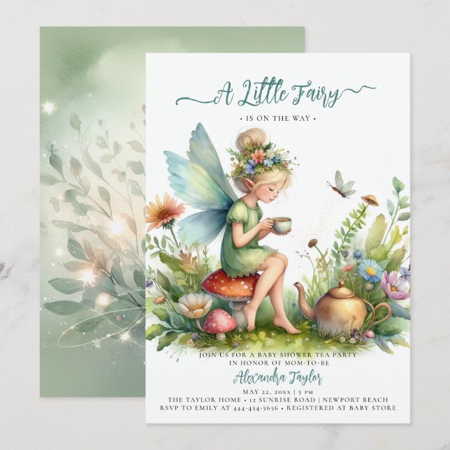 Invitation Coupe de Thé Fée Fleur sauvage Champagne Baby Girl (Devant / Derrière)