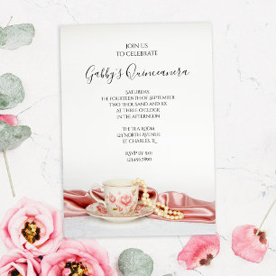 Invitation Coupe de Thé Floral Rose avec Parti Quinceanera Pe