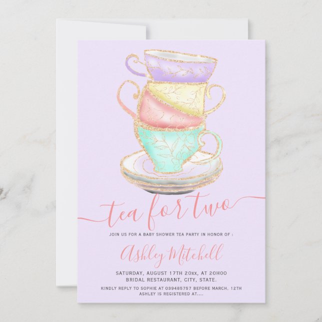 Invitation Coupe de thé or parties scintillant aquarelle viol (Devant)
