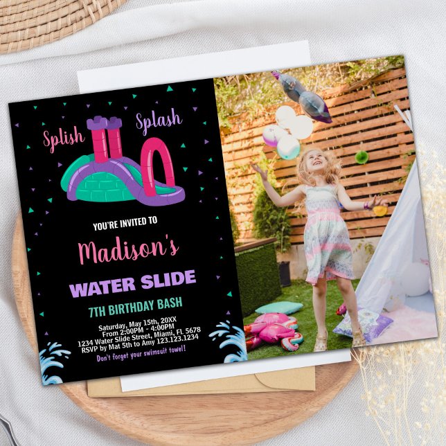 Invitation Coupe d'eau violet noir rose photo Anniversaire (Purple Black Pink Photo Water Slide Birthday Invitation)