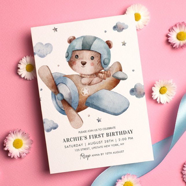 Invitation Coupe d'Ours Heure des vols 1er anniversaire fête (Bear Teddy Boy first birthday invitation cute illustration bear on the plane cute kids invitations)