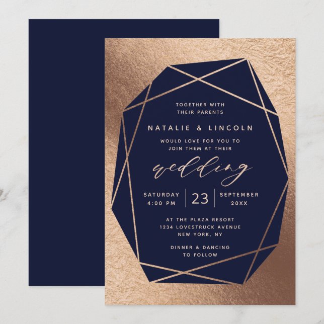 Invitation Couper Gemstone Navy Blue & Copper Foil Mariage (Devant / Derrière)