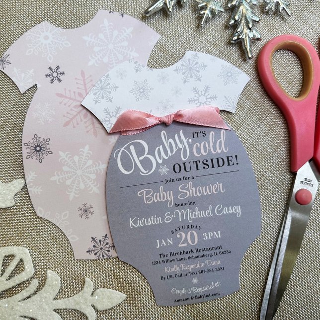 Invitation Couper votre propre maillot de bébé Douche à floco (DIY Cut Your Own + Add your ribbon Baby Bodysuit Shape Invitation, Baby It's Cold Outside, Pink Girl)