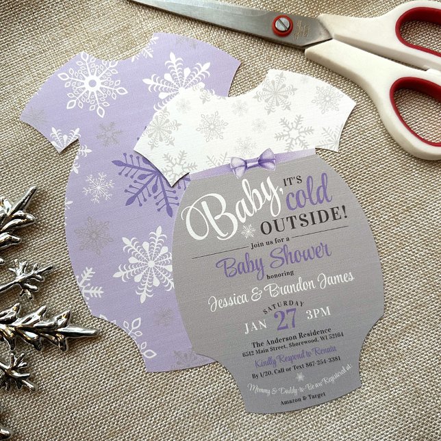 Invitation Couper votre propre maillot de bébé Douche à floco (DIY Cut Out Your Own Baby Bodysuit Shape Invite, Baby It's Cold Outside, purple Gray, gender neutral)