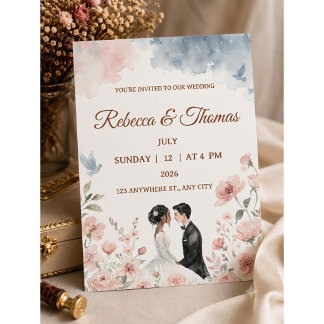 Invitation Couple aquarelle romantique et mariage floral 