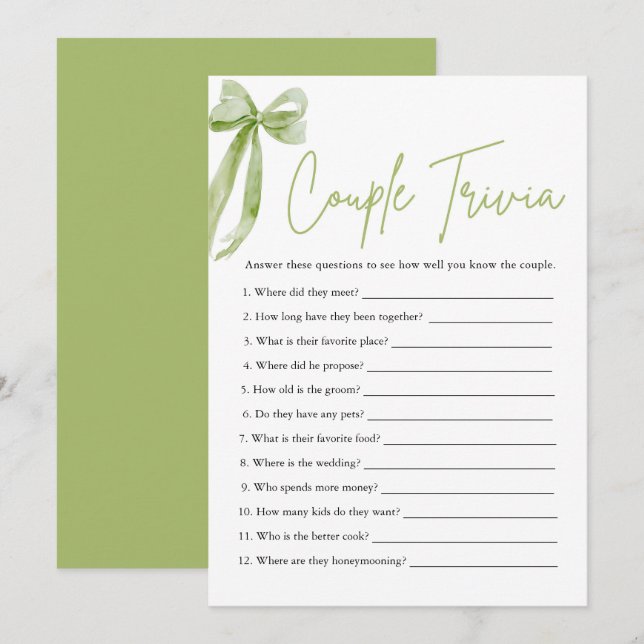 Invitation Couple Bow Trivia Trivia jeu de Fête des mariées (Devant / Derrière)