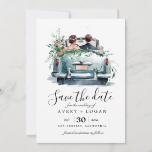 Invitation couple dans vintage voiture aquarelle enregistrer 