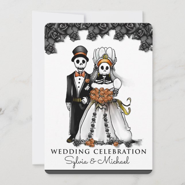 Invitation Couple de squelette noir blanc orange Halloween (Devant)