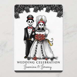 Invitation Couple de squelette rouge noir blanc d'Halloween