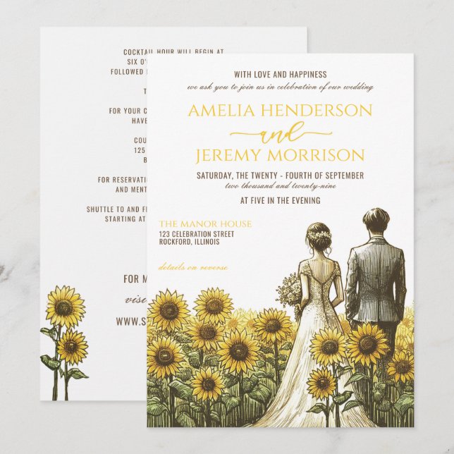 Invitation Couple de tournesol avec détails (Devant / Derrière)