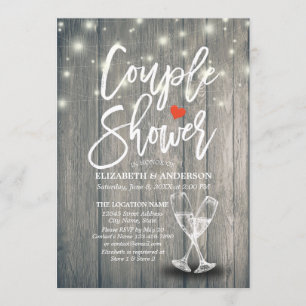 Invitation Couple Douche Champagne Verres Chaîne de bois Lumi