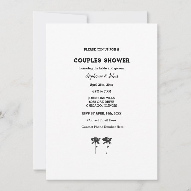 Invitation Couple Douche Noir Blanc Floral Simple Mariage (Devant)