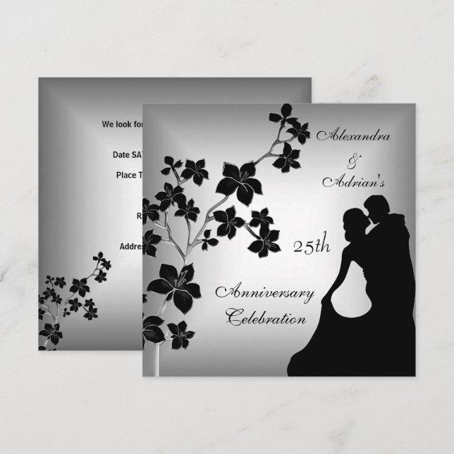 Invitation Couple floral d'argent noir asiatique du 25e anniv (Devant / Derrière)