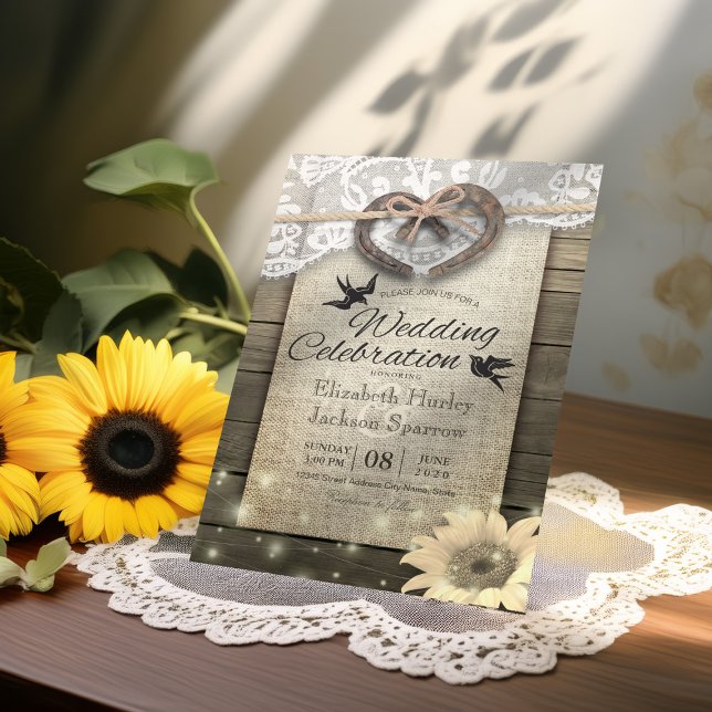 Invitation Couple Horseshoe Mariage de tournesol en bois dent (Créateur téléchargé)