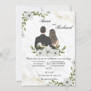 Invitation Couple Illustré & Fleurs Blanches