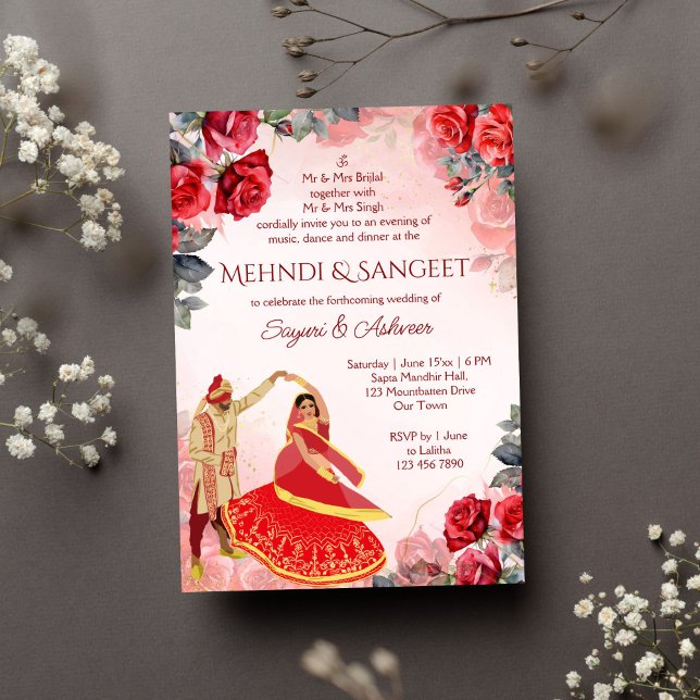 Invitation Couple indien dansant des roses rouges Mehndi Sang (Mehendi sangeet Indian wedding dancing Indian couple red roses invitation instant download)