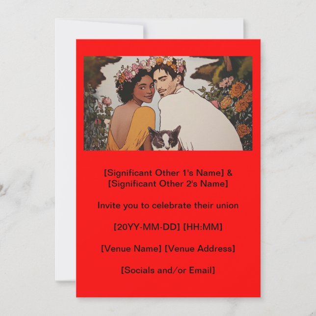 Invitation Couple interracial art mariage floral avec chat (Devant)