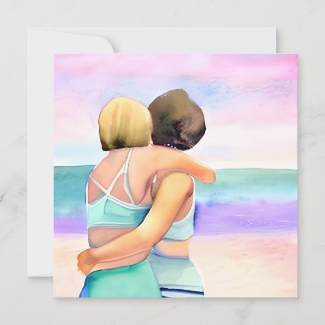 Invitation Couple lesbienne aquarelle sur le mariage de plage (Devant)
