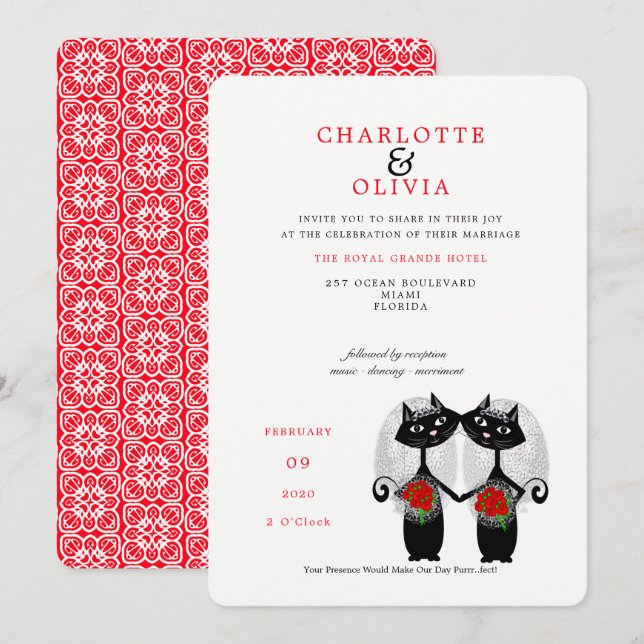 Invitation Couple lesbienne Mariage LGBTQ Chats mignons (Devant / Derrière)